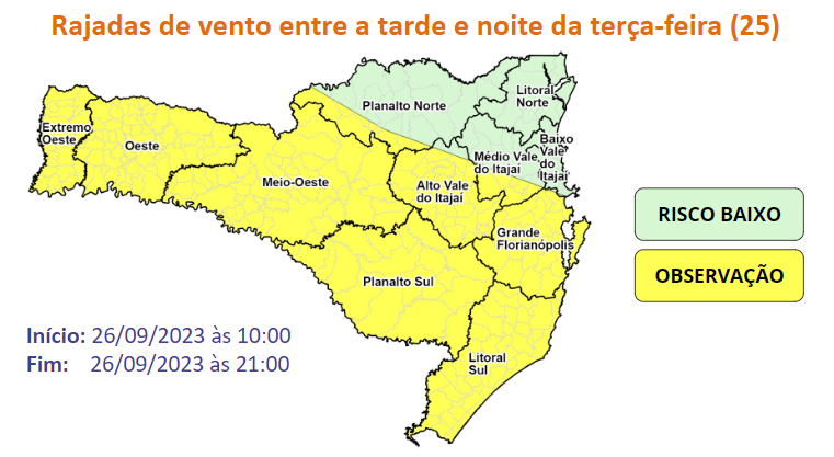 SC terá chuva intensa, temporais isolados e rajadas de vento nesta terça-feira