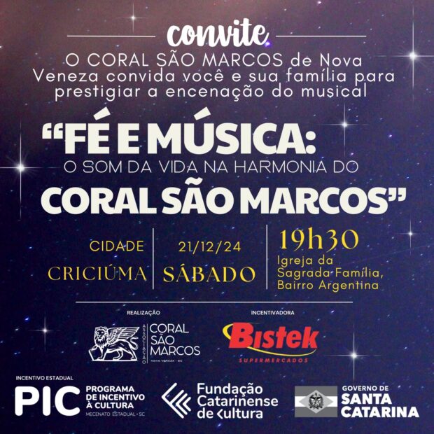O Coral São Marcos convida a todos para prestigiarem a apresentação do Projeto FÉ E MÚSICA